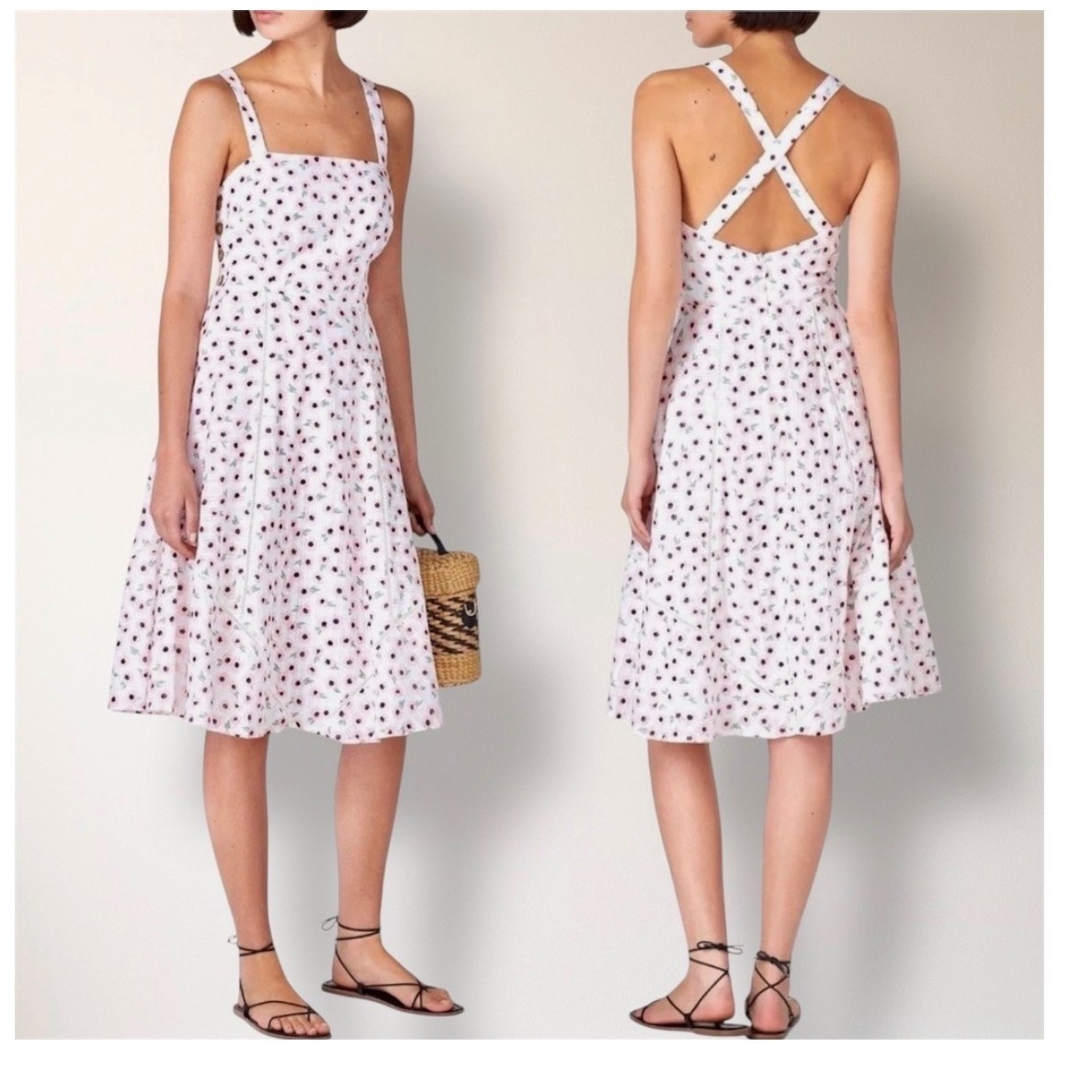 Hutch White Pink Floral Belle Dress Cotton Midi Square Neck Cross Back Size 8